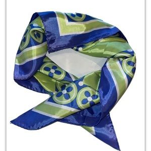 VINTAGE lime GREEN blue MOD SCARF RARE JAPAN 22” Square geometric flower squares